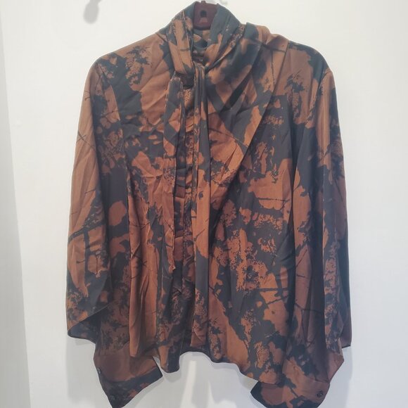 Zara New Brown & Black Abstract Tie Front Blouse with Full Cut Out Long Sleeve L - Picture 1 of 15